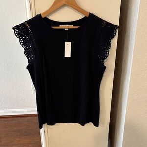 LOFT Navy Crochet Sleeve Blouse